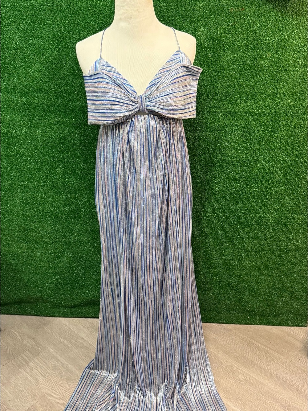 Black Halo EVE by Laurel Berman Blue Silver Striped Glitter Maxi Dress Large